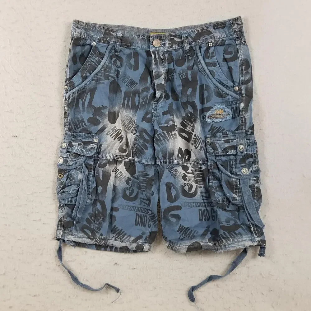 Cargo Shorts Mens 32 Blue All Over Print Multi Pocket‎ Drawstring Y2K Streetwear